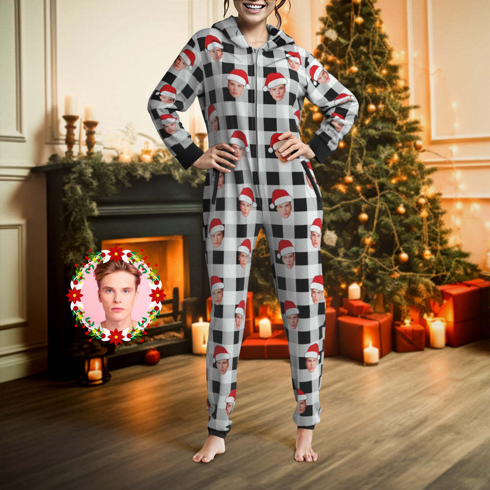 Custom Face Onesies Pajamas One-Piece Sleepwear Red and Black Plaid Jumpsuit Homewear Christmas Gift - MyPhotoSocks