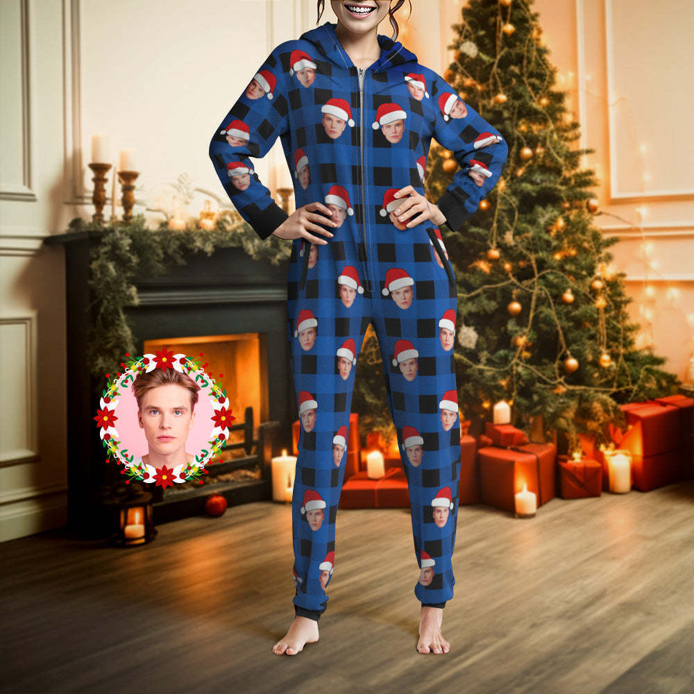 Custom Face Onesies Pajamas One-Piece Sleepwear Red and Black Plaid Jumpsuit Homewear Christmas Gift - MyPhotoSocks