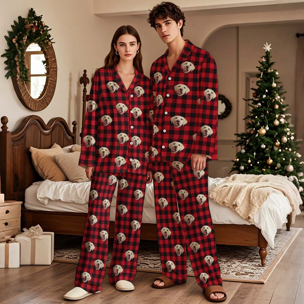 Custom Christmas Face Long Sleeve Pajamas Face Pajamas with Pet Face Personalized Photo Blue Snowflake Pajamas Gift