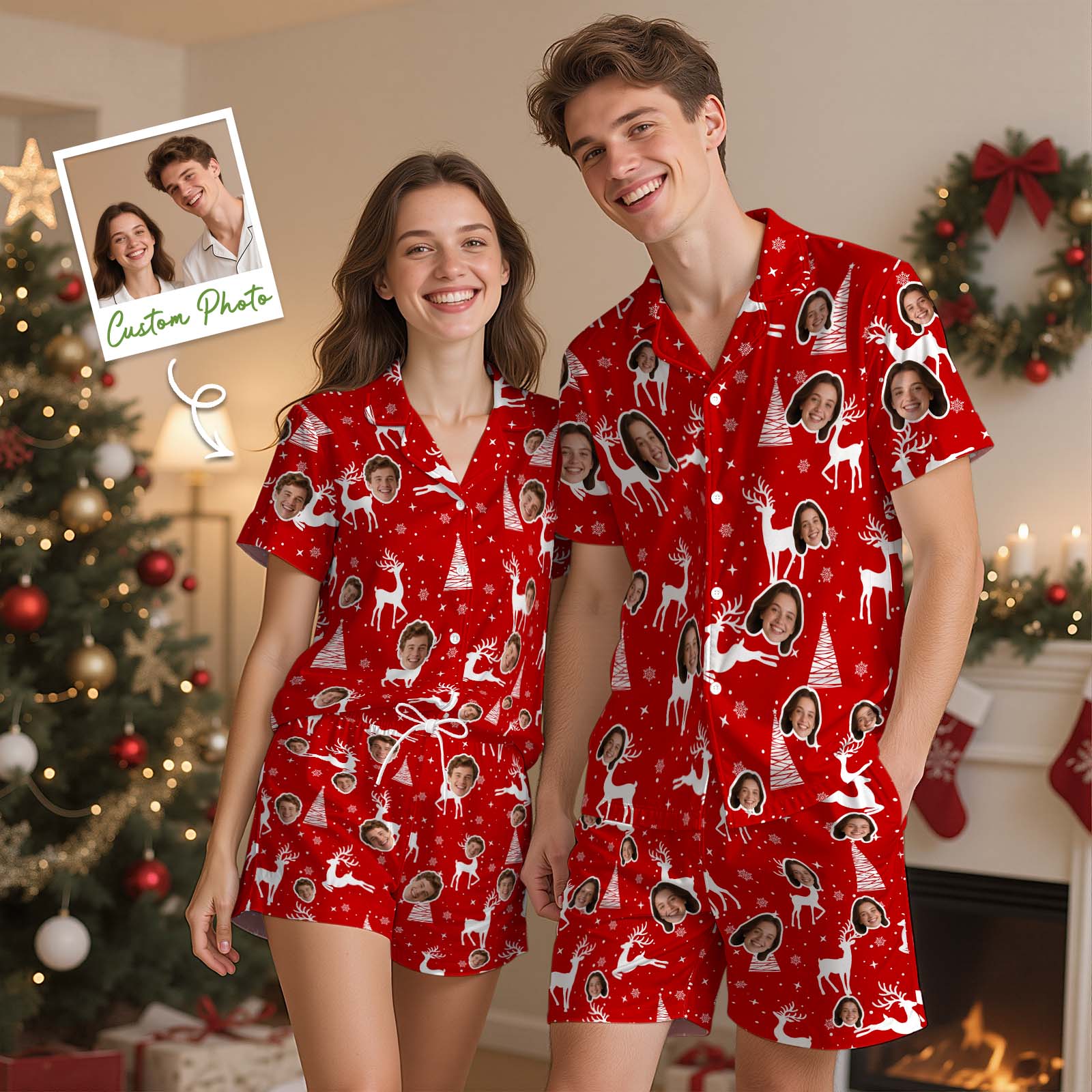 Christmas Gifts Custom Face Short Sleeved Pajamas Xmas Tree Personalised Sleepwear Love Gifts For Her 