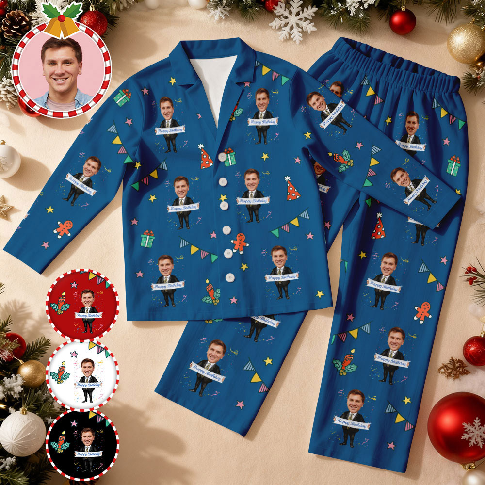 Custom Birthday Face Long Sleeve Pajamas with Face Personalized Photo Pajamas Gift