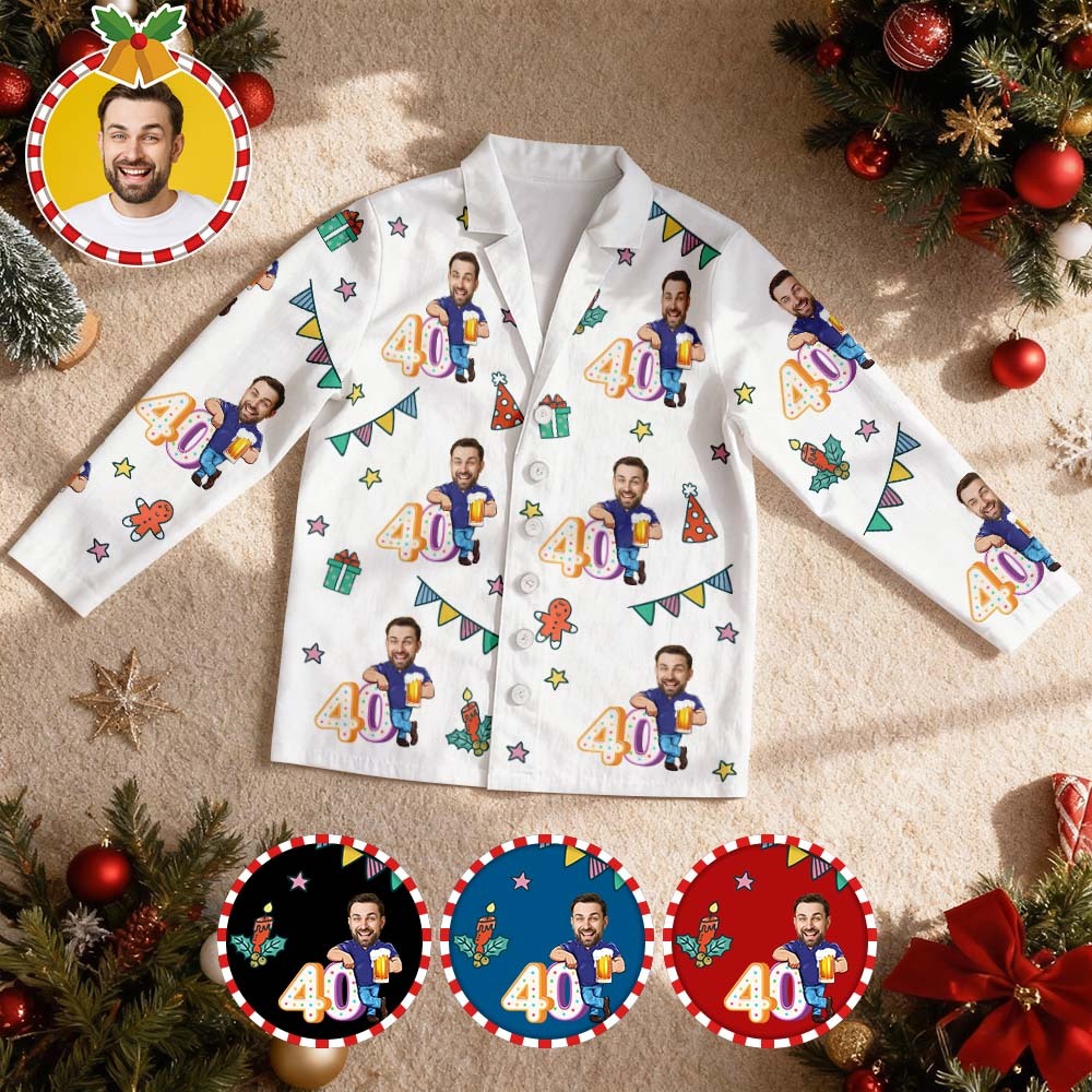 Custom Birthday Face Long Sleeve Pajamas with Beer Personalized Photo Pajamas Gift