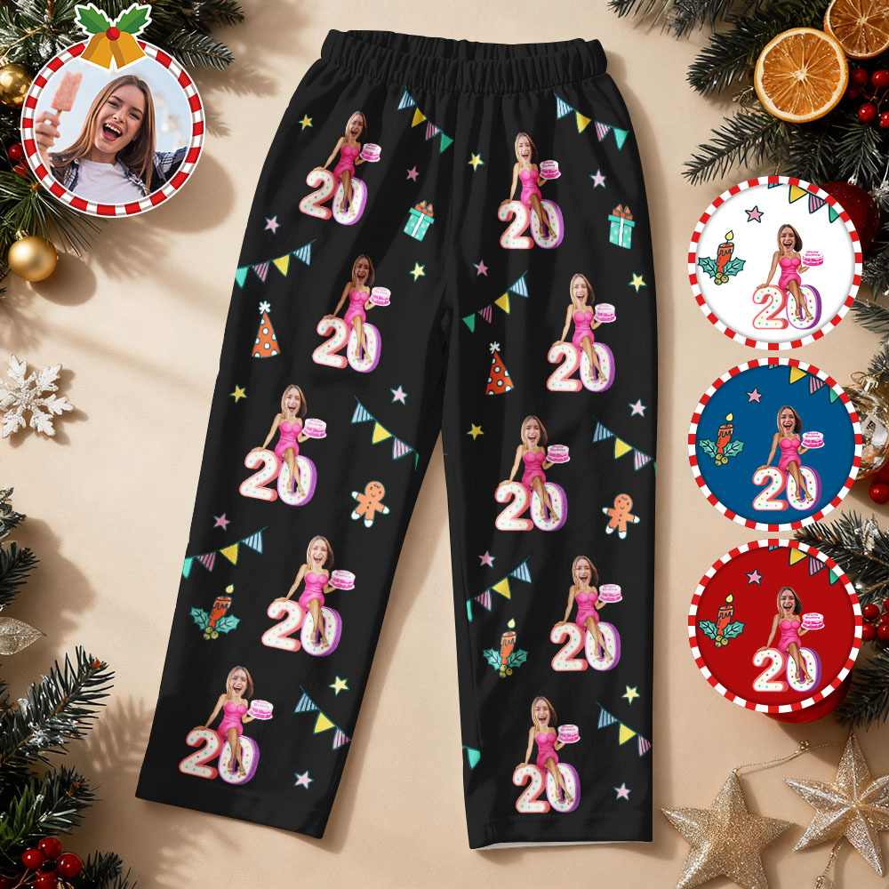 Custom Birthday Face Long Sleeve Pajamas with Cake Personalized Photo Pajamas Gift