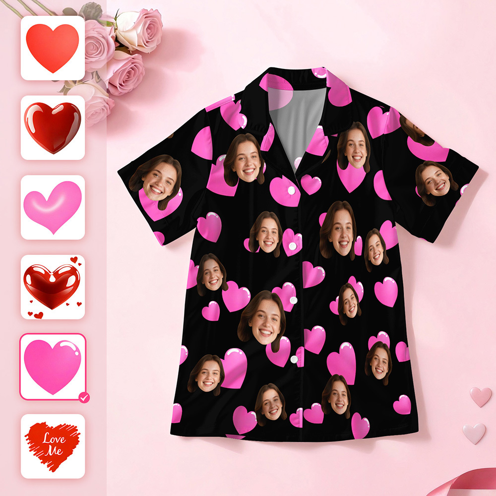 Custom Face Short Sleeve Pajamas Personalised Heart Face Couple Sleepwear Valentine Love Gifts For Her - MyPhotoSocks