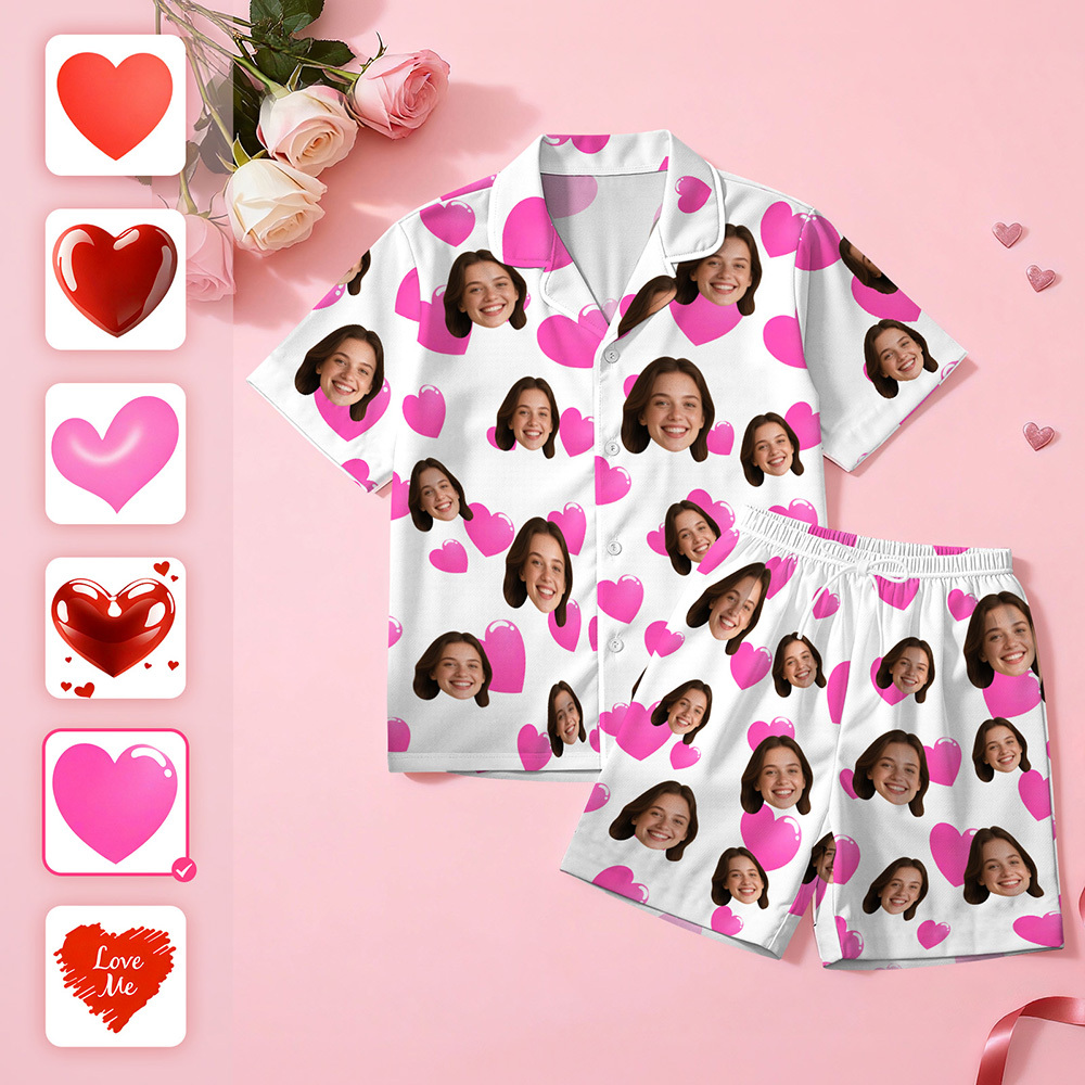 Custom Face Short Sleeve Pajamas Personalised Heart Face Couple Sleepwear Valentine Love Gifts For Her - MyPhotoSocks