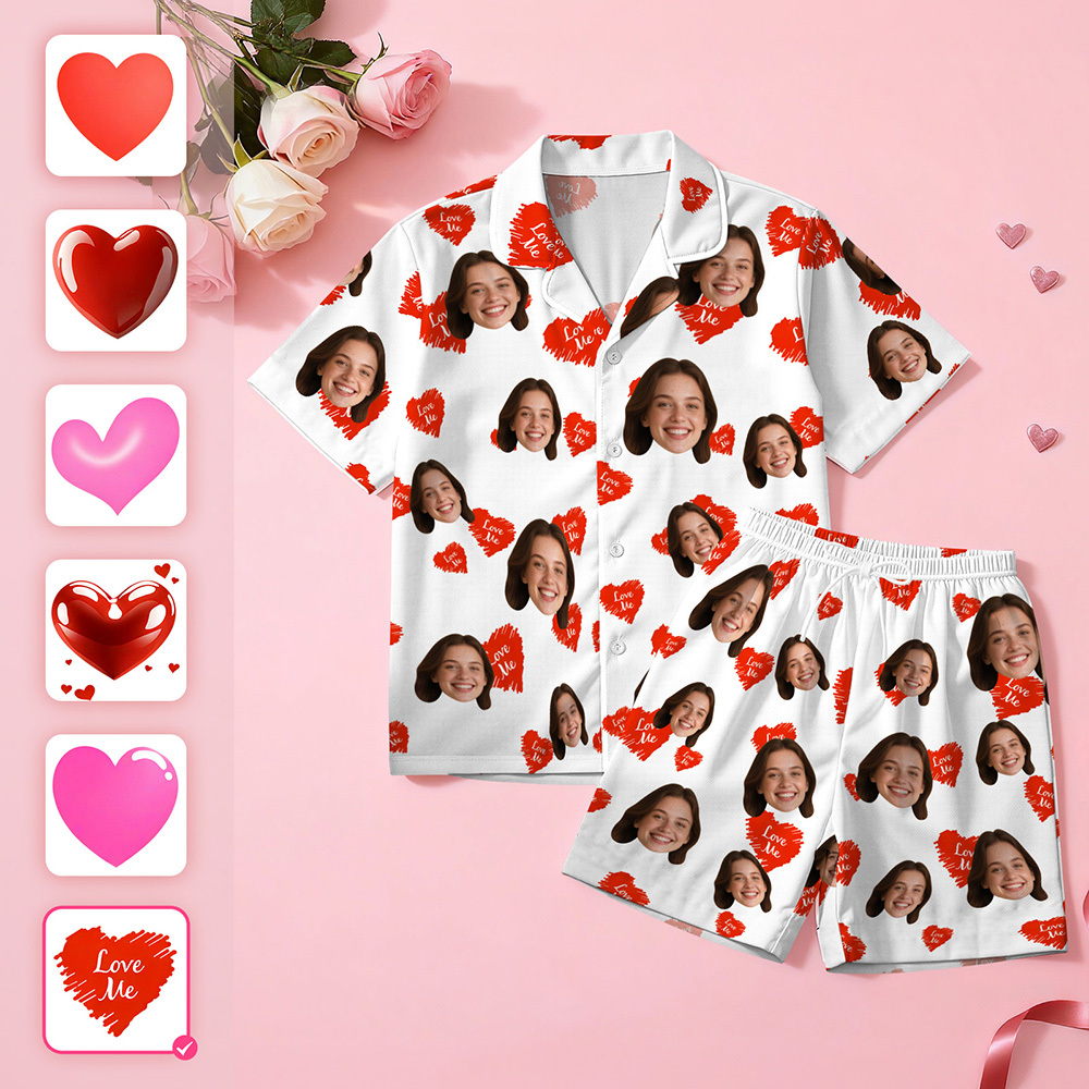 Custom Face Short Sleeve Pajamas Personalised Heart Face Couple Sleepwear Valentine Love Gifts For Her - MyPhotoSocks