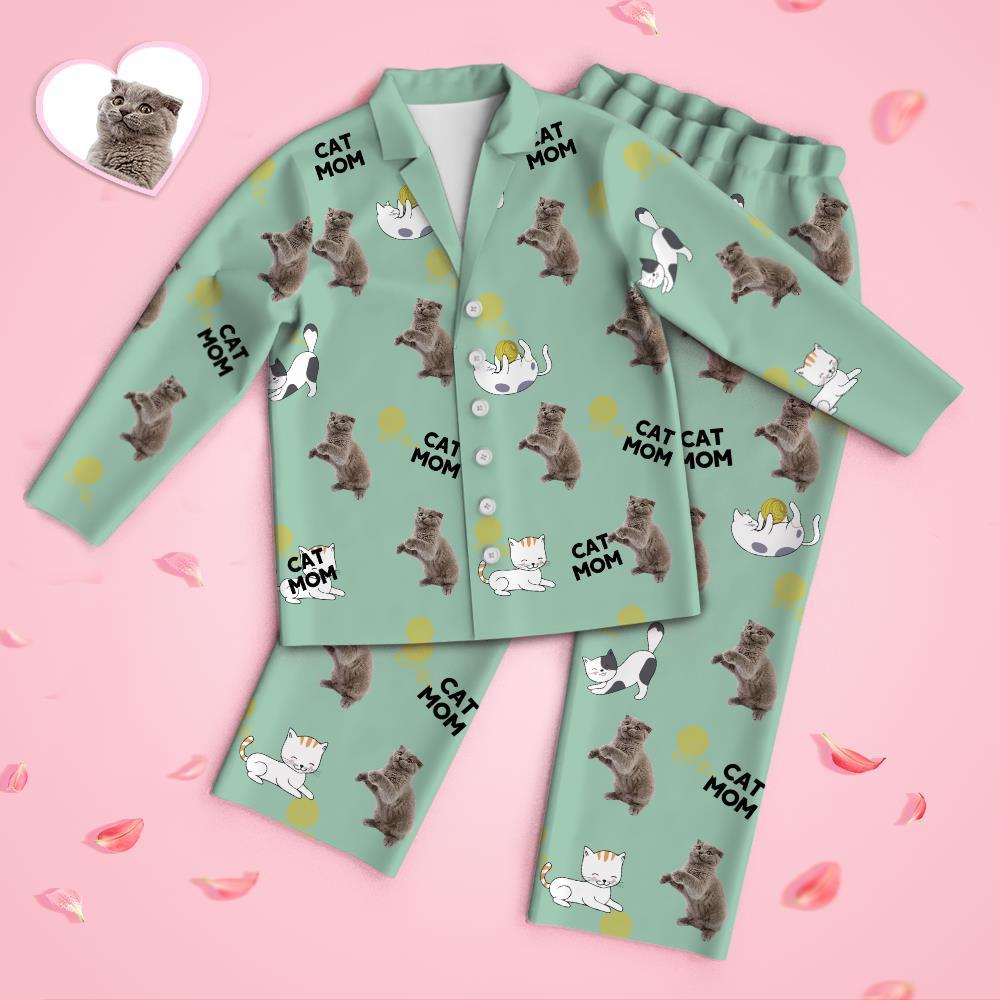 Custom Face Long Sleeve Pajamas Sleepwear Set - Cat Mom