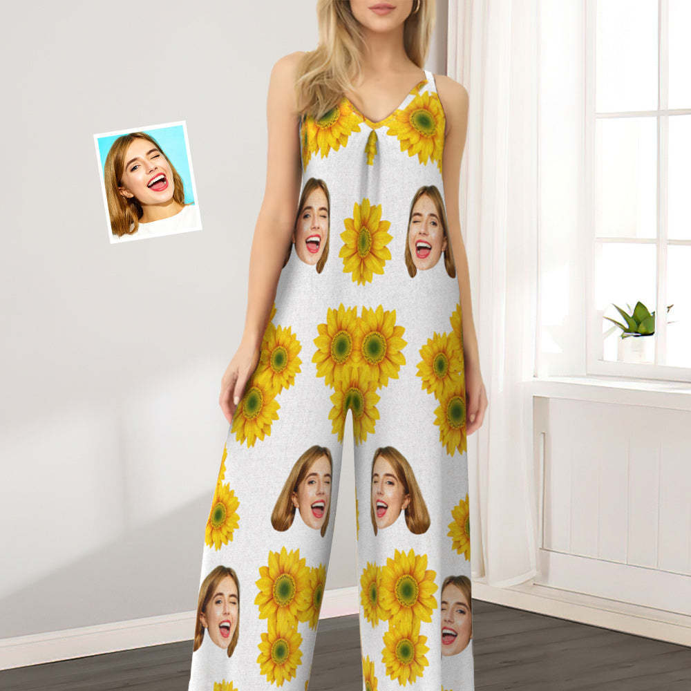 Custom Face Loose Jumpsuit Sunflower Wide Leg Rompers - MyPhotoSocks