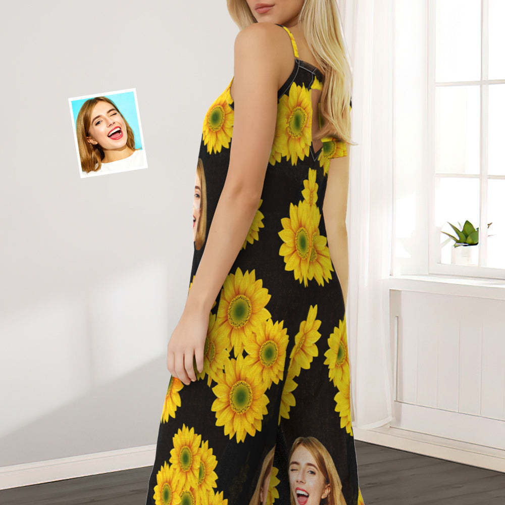 Custom Face Loose Jumpsuit Sunflower Wide Leg Rompers - MyPhotoSocks