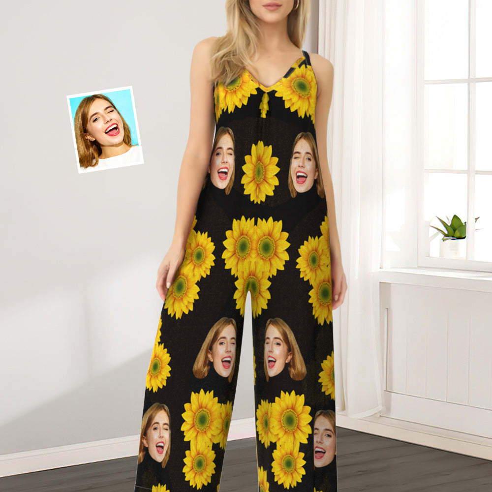 Custom Face Loose Jumpsuit Sunflower Wide Leg Rompers - MyPhotoSocks