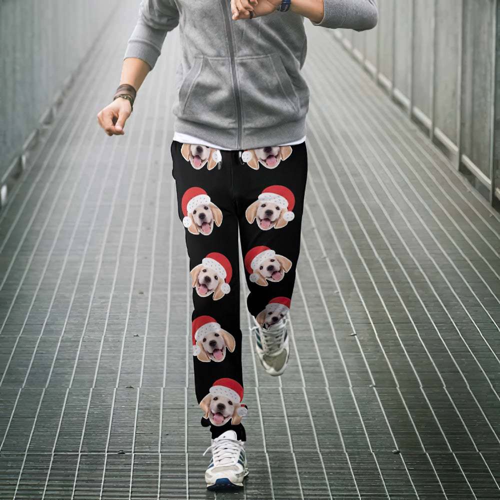 Custom Face Sweatpants Unisex Joggers with Christmas Hat Christmas Gift