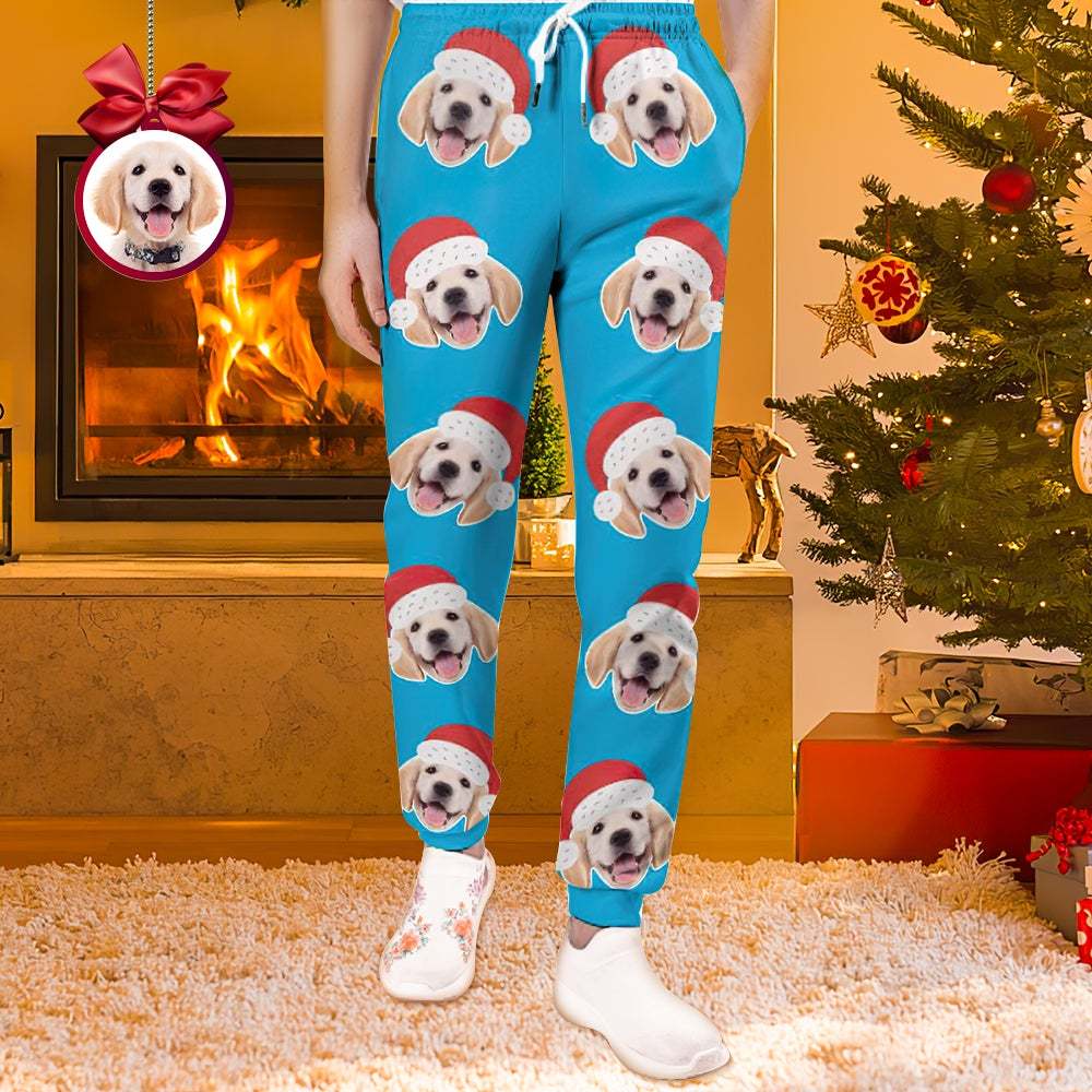 Custom Face Sweatpants Unisex Joggers with Christmas Hat Christmas Gift