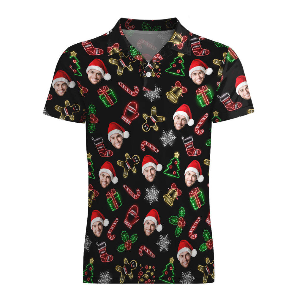 Men's Custom Face Christmas Neon Polo Shirt Personalized Short Sleeve Golf Shirts Gift - MyPhotoSocks