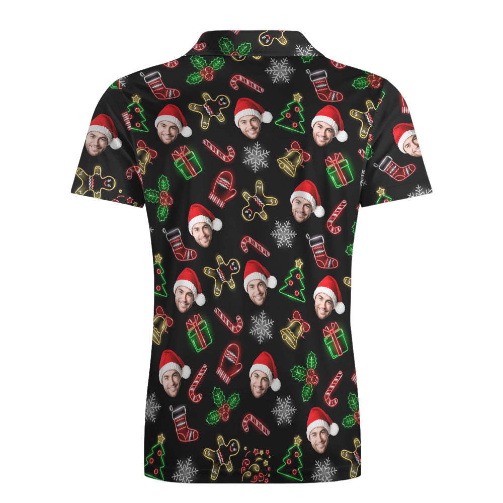 Men's Custom Face Christmas Neon Polo Shirt Personalized Short Sleeve Golf Shirts Gift - MyPhotoSocks