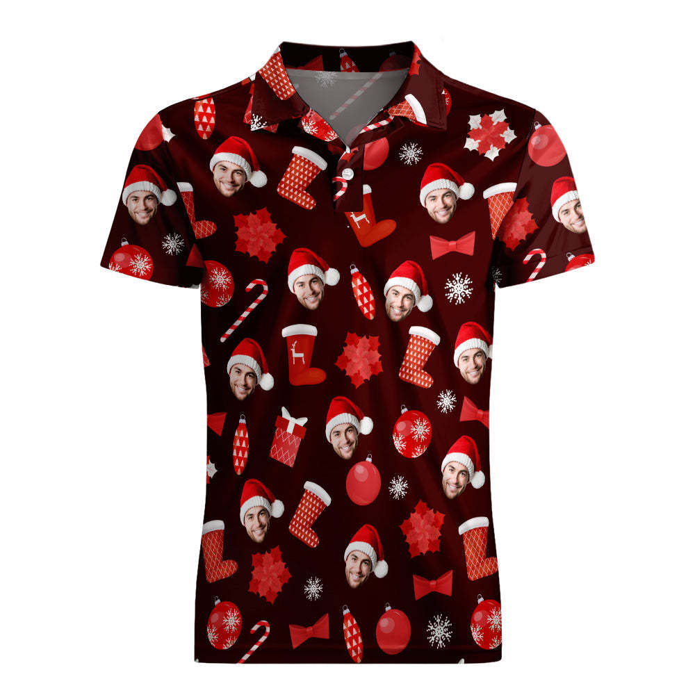 Men's Custom Face Christmas Polo-Shirts Short Sleeve Golf Tees Red Outdoor Sport Tennis Tops - MyPhotoSocks