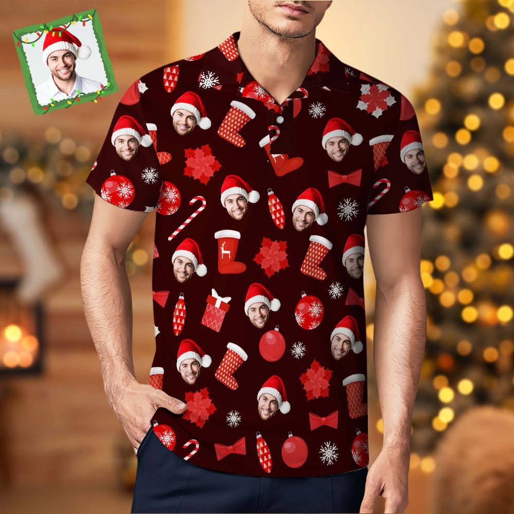 Men's Custom Face Christmas Polo-Shirts Short Sleeve Golf Tees Red Outdoor Sport Tennis Tops - MyPhotoSocks