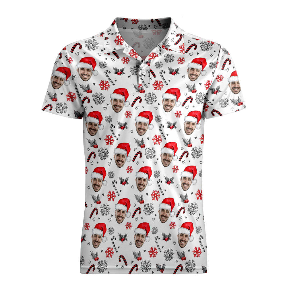 Men's Custom Face Shirt Personalized Face With Christmas Hat Pattern Golf Polo Shirts - MyPhotoSocks