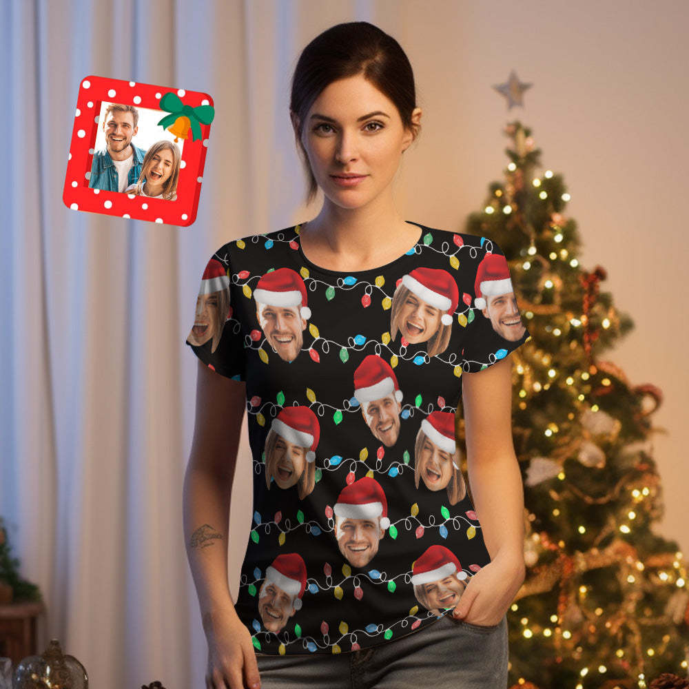 Custom Face T-shirt Personalized Personalized Photo Xmas Leds Unisex T-shirts Merry Christmas - MyPhotoSocks