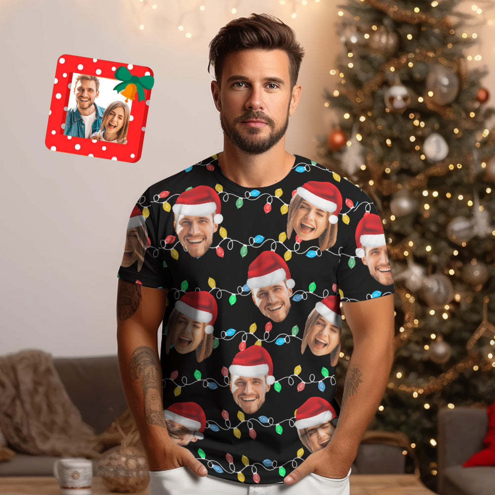 Custom Face T-shirt Personalized Personalized Photo Xmas Leds Unisex T-shirts Merry Christmas - MyPhotoSocks