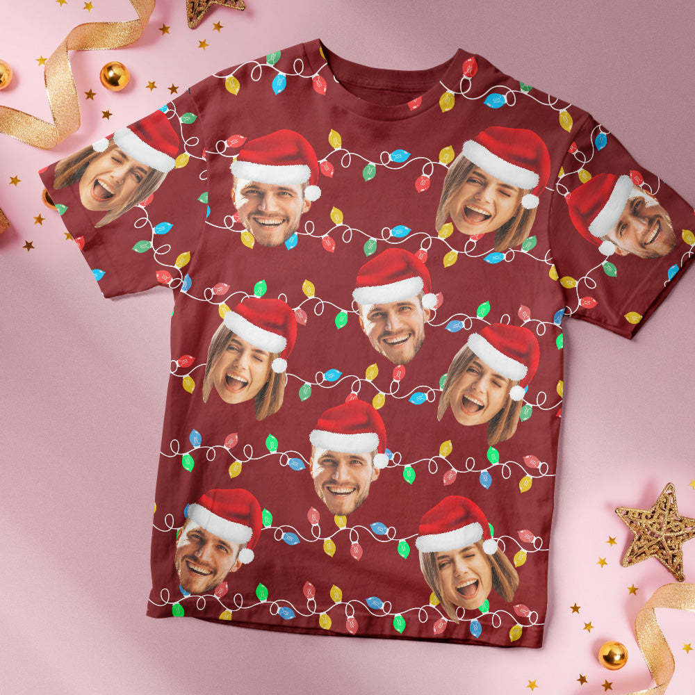 Custom Face T-shirt Personalized Personalized Photo Xmas Leds Unisex T-shirts Merry Christmas - MyPhotoSocks