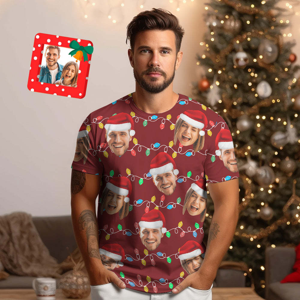 Custom Face T-shirt Personalized Personalized Photo Xmas Leds Unisex T-shirts Merry Christmas - MyPhotoSocks