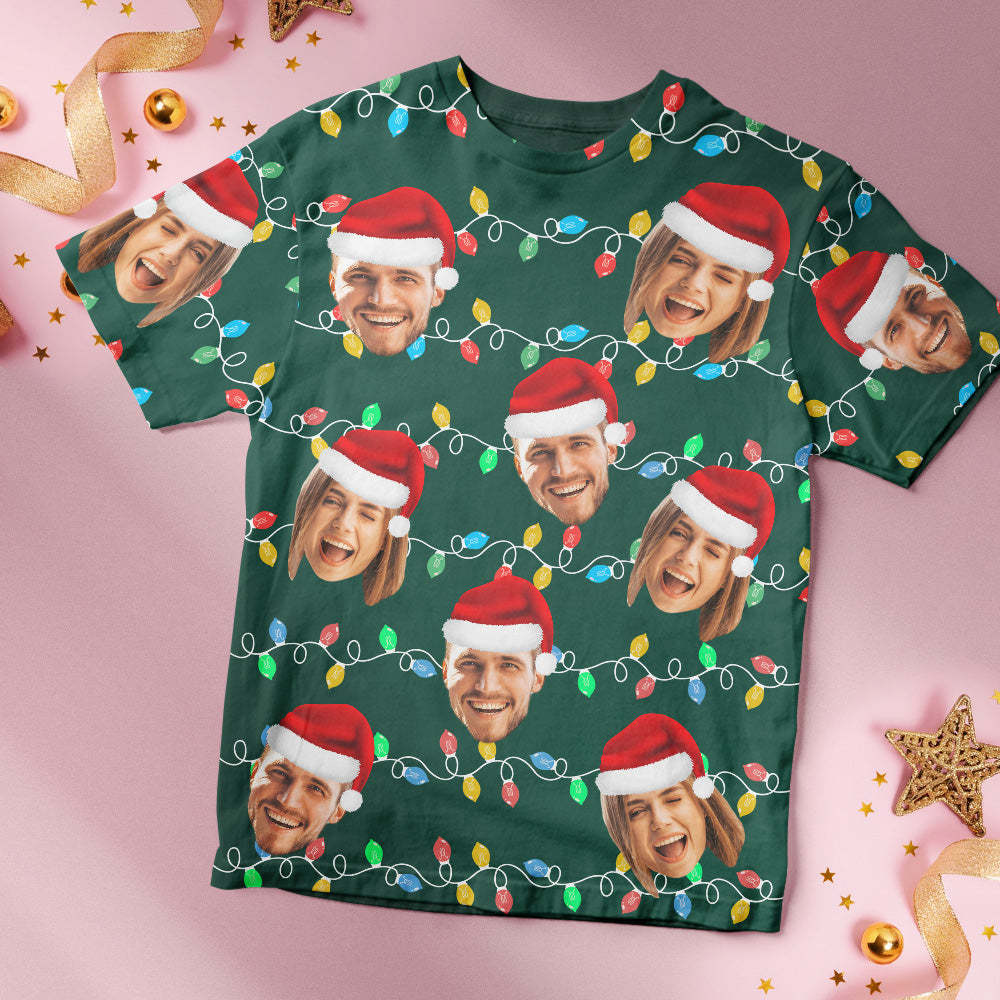 Custom Face T-shirt Personalized Personalized Photo Xmas Leds Unisex T-shirts Merry Christmas - MyPhotoSocks