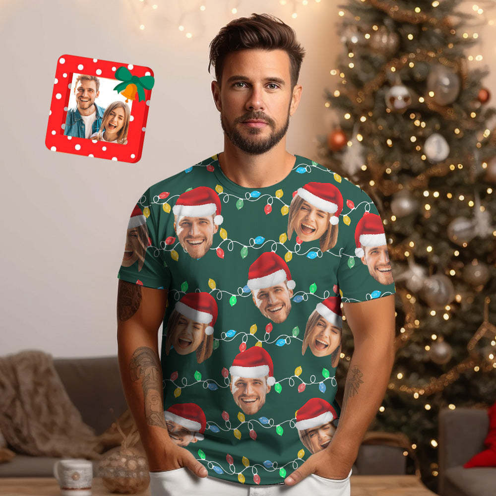 Custom Face T-shirt Personalized Personalized Photo Xmas Leds Unisex T-shirts Merry Christmas - MyPhotoSocks