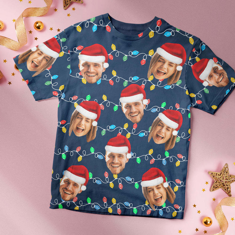 Custom Face T-shirt Personalized Personalized Photo Xmas Leds Unisex T-shirts Merry Christmas - MyPhotoSocks