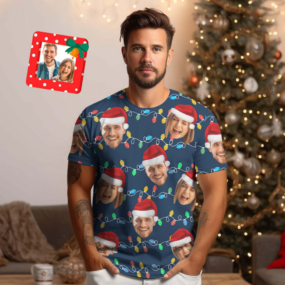 Custom Face T-shirt Personalized Personalized Photo Xmas Leds Unisex T-shirts Merry Christmas - MyPhotoSocks