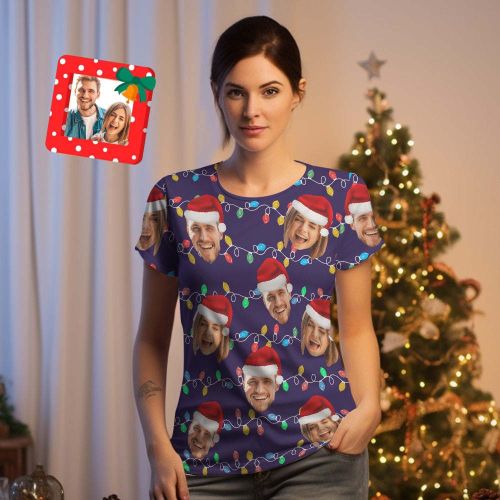 Custom Face T-shirt Personalized Personalized Photo Xmas Leds Unisex T-shirts Merry Christmas - MyPhotoSocks