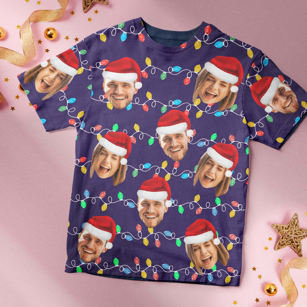 Custom Face T-shirt Personalized Personalized Photo Xmas Leds Unisex T-shirts Merry Christmas - MyPhotoSocks