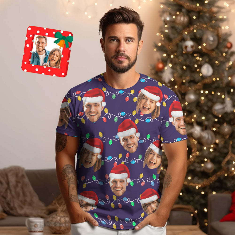 Custom Face T-shirt Personalized Personalized Photo Xmas Leds Unisex T-shirts Merry Christmas - MyPhotoSocks