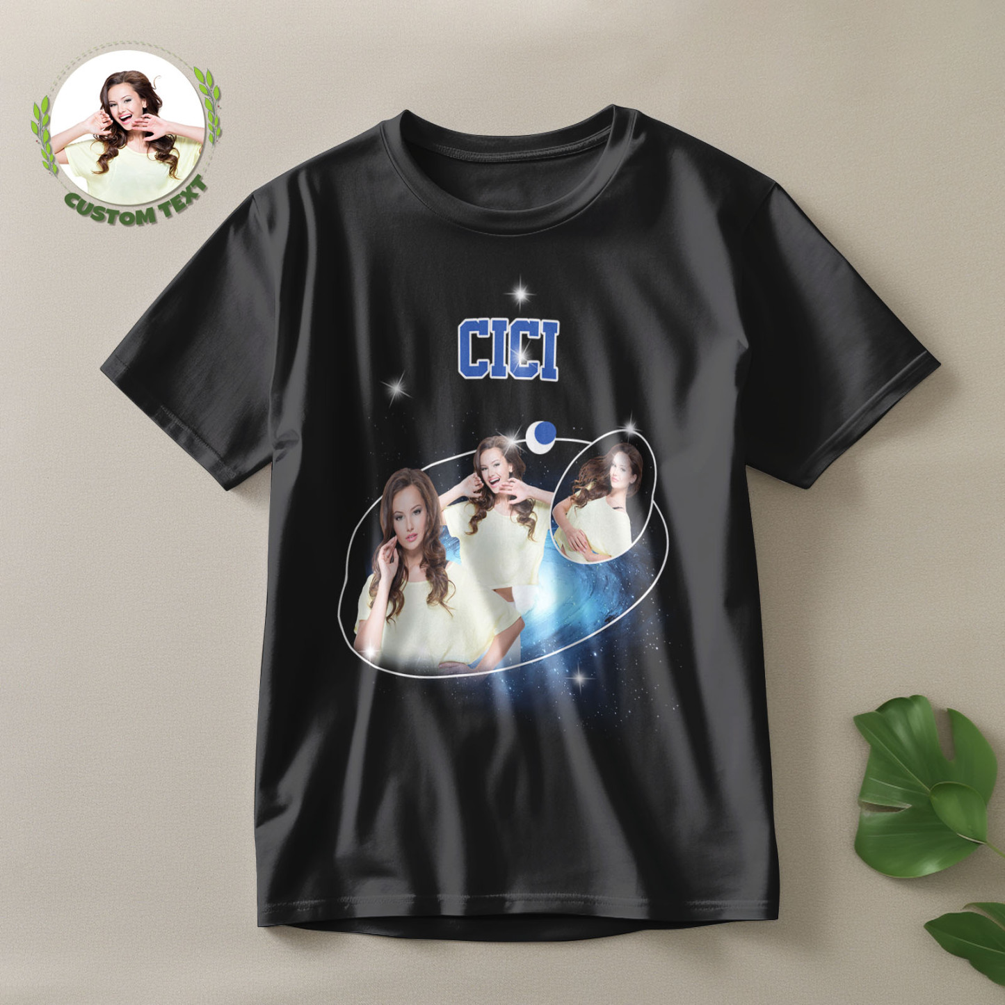 Custom Photo and Name Vintage T-Shirt Cosmic Galaxy and Crescent Moon Vintage T-Shirt Gift for Women - MyPhotoSocks