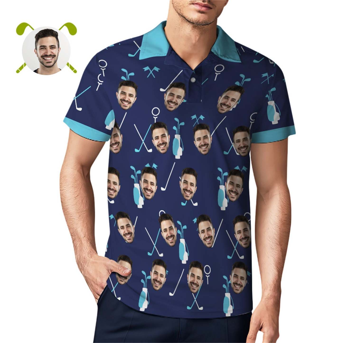 Custom Face Blue Polo Shirt For Men Personalized Golf Shirts - MyPhotoSocks