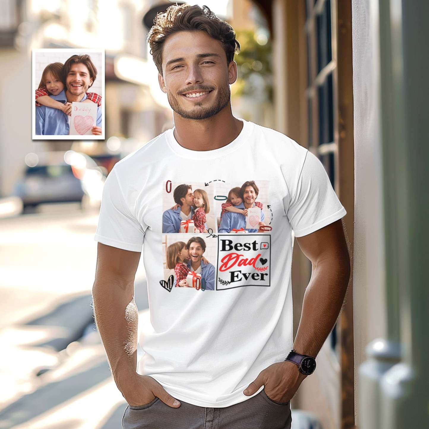 Custom 3 Photos T-Shirt Personalized Photo Men's T-Shirt Best Dad Ever Father's Day Gift Family T-Shirt