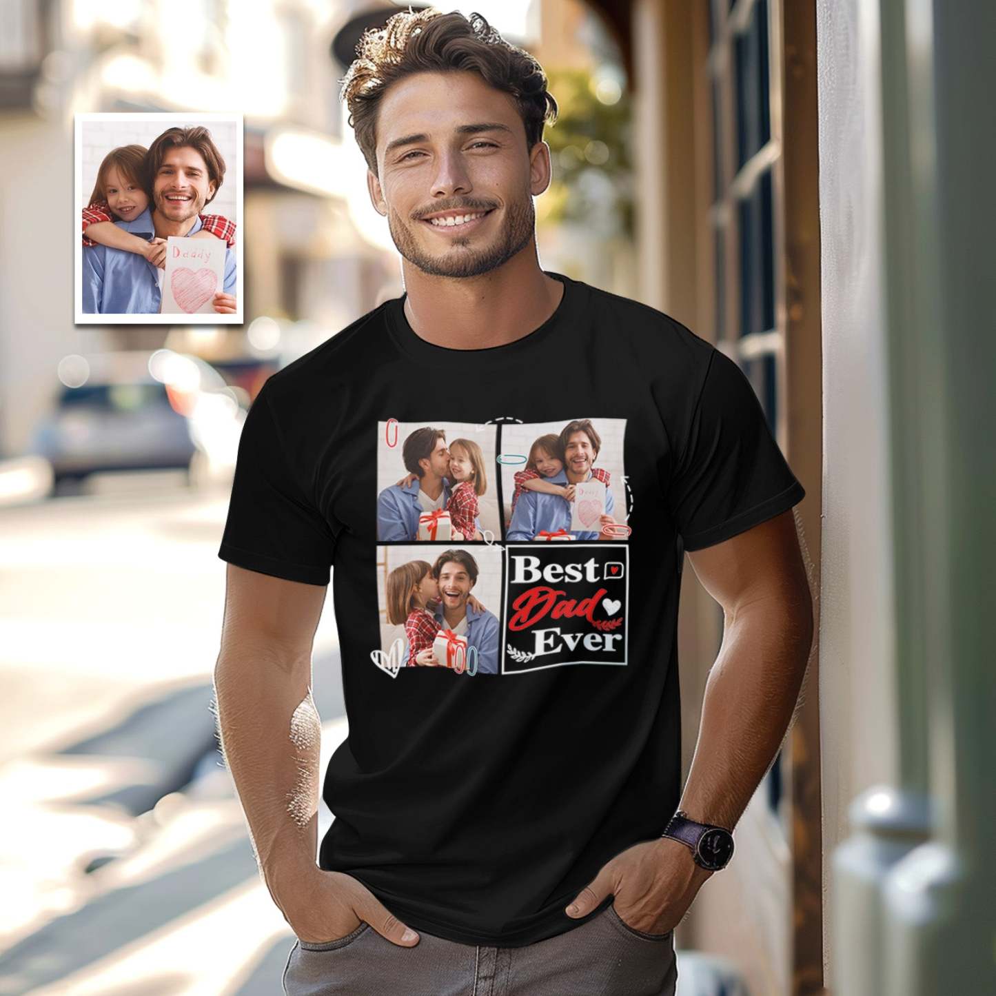 Custom 3 Photos T-Shirt Personalized Photo Men's T-Shirt Best Dad Ever Father's Day Gift Family T-Shirt