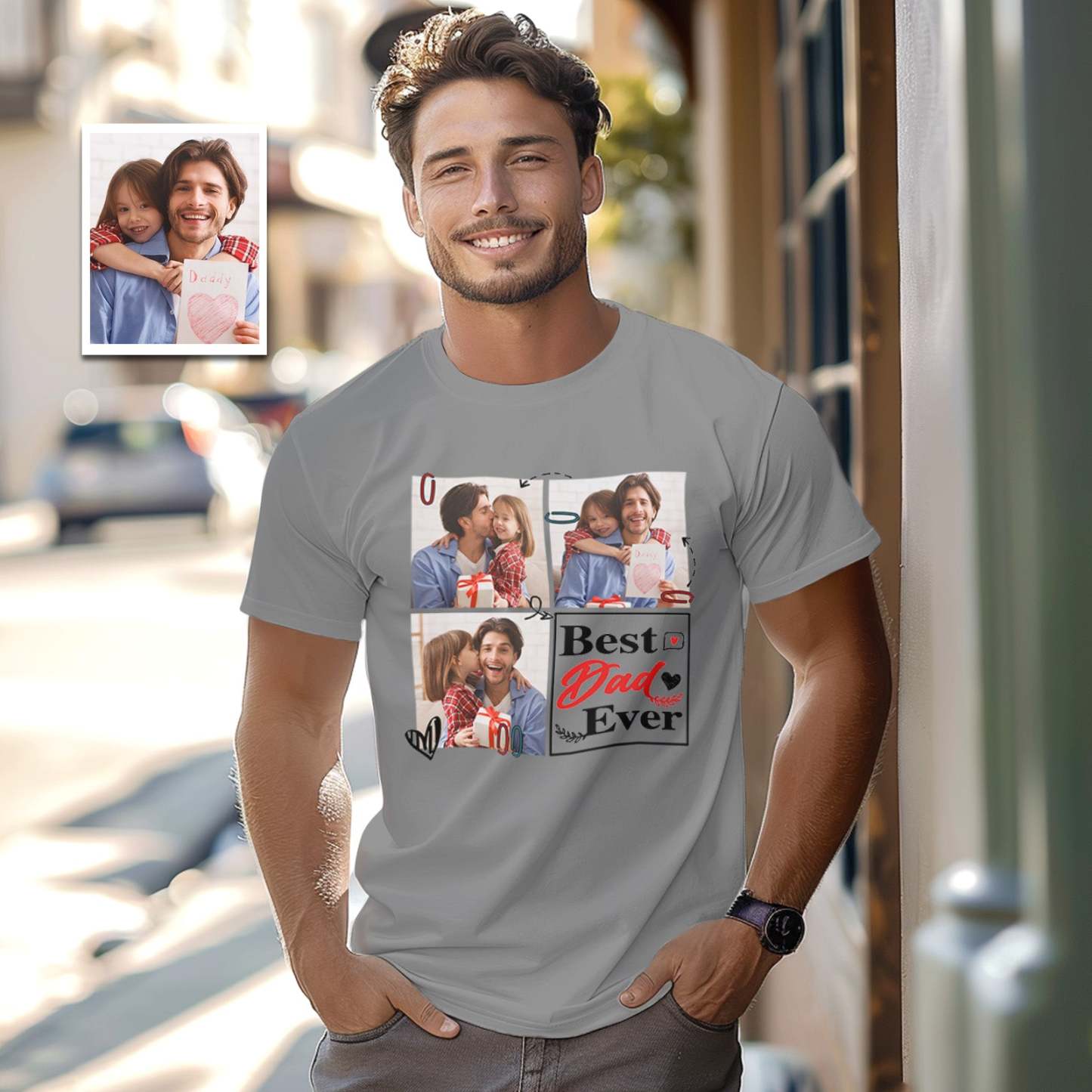 Custom 3 Photos T-Shirt Personalized Photo Men's T-Shirt Best Dad Ever Father's Day Gift Family T-Shirt