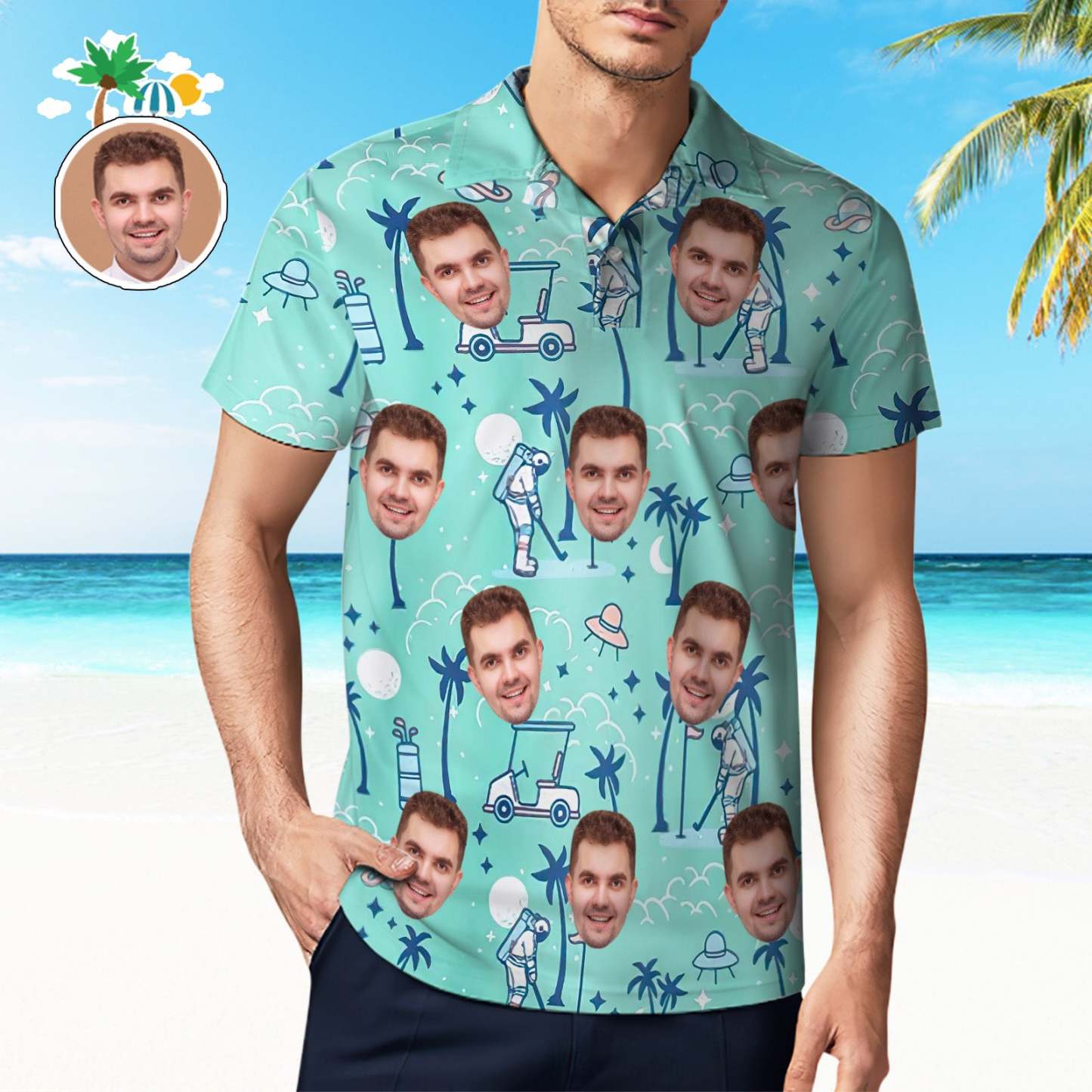 Custom Mens Face Hawaiian Polo Shirt Astronaut Golf Green Polo Shirt - MyPhotoSocks