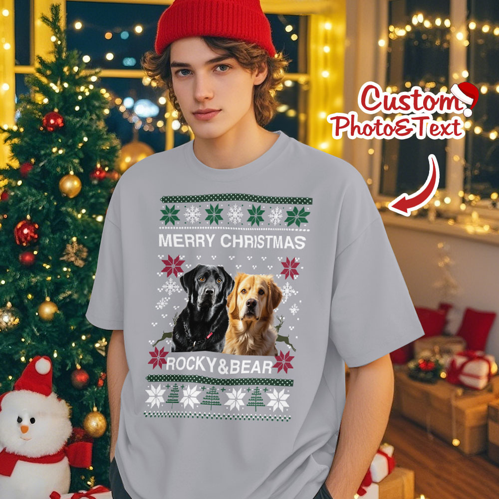 Custom Photo Christmas Dog Shirt Dog Lover Personalized Christmas Photo T-shirt - MyPhotoSocks