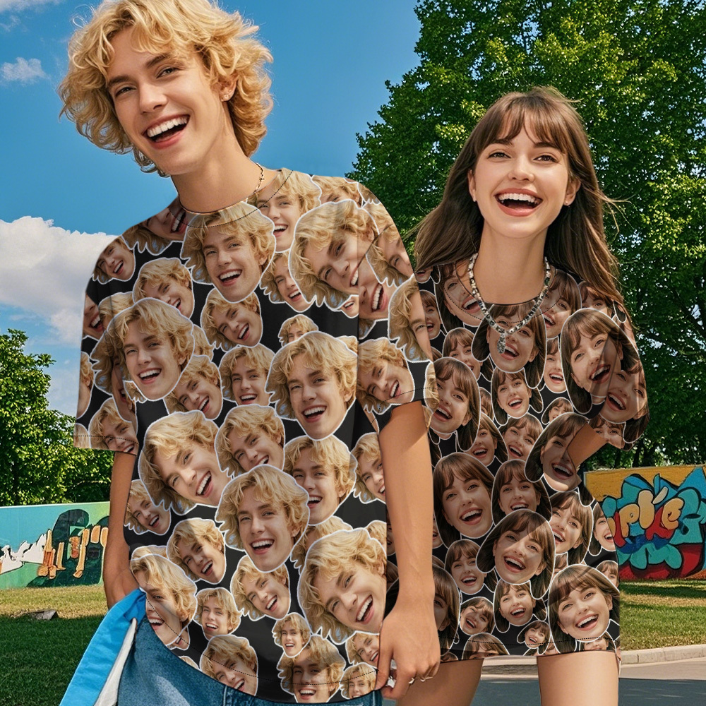Personalized Mash Face Photo Vintage T-shirts Valentine's Day Theme T-shirt Gifts for Couple