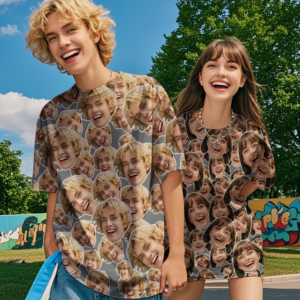 Personalized Mash Face Photo Vintage T-shirts Valentine's Day Theme T-shirt Gifts for Couple