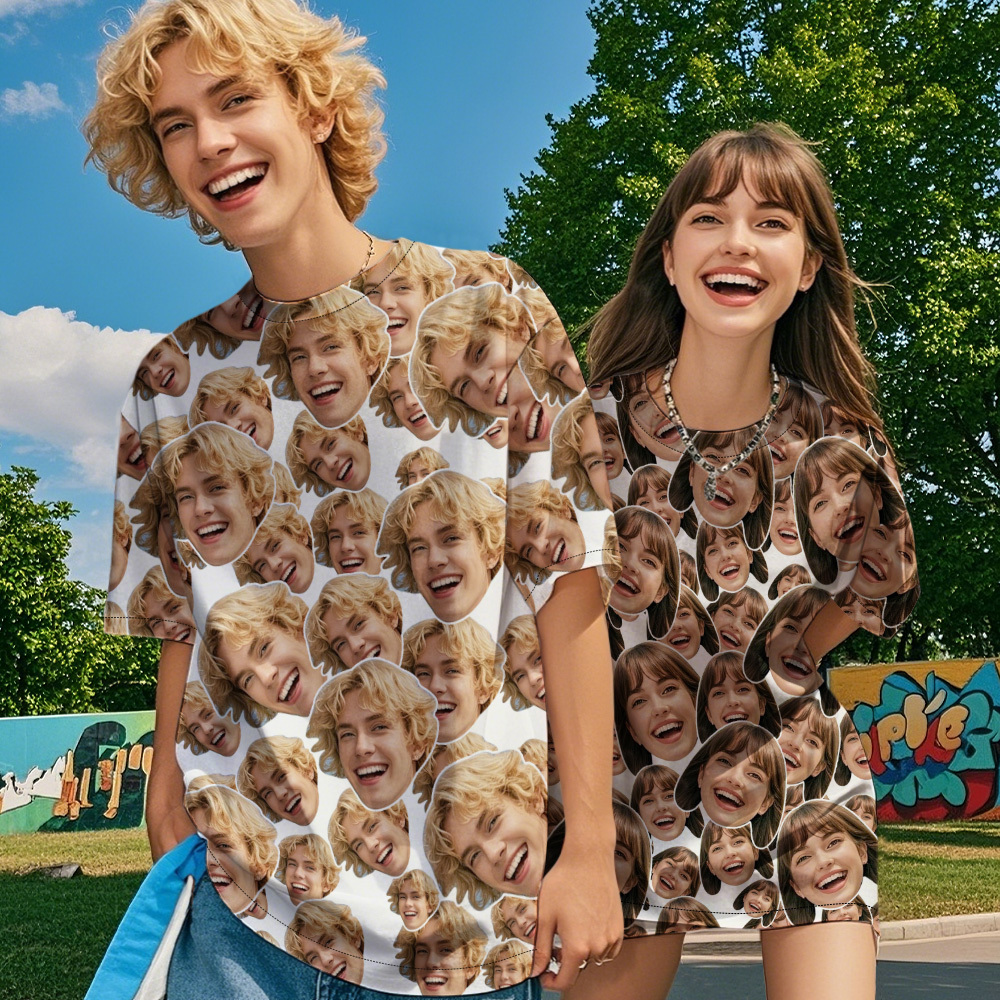 Personalized Mash Face Photo Vintage T-shirts Valentine's Day Theme T-shirt Gifts for Couple