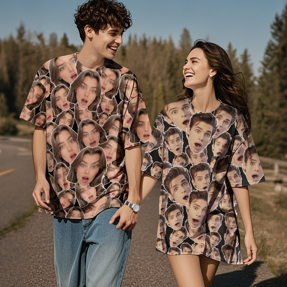 Personalized Mash Face Photo Vintage T-shirts Valentine's Day Theme T-shirt Gifts for Couple