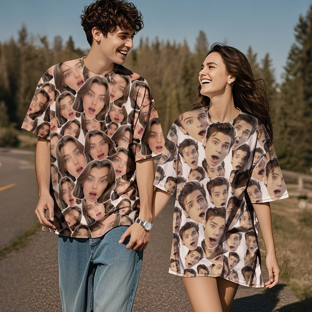 Personalized Mash Face Photo Vintage T-shirts Valentine's Day Theme T-shirt Gifts for Couple