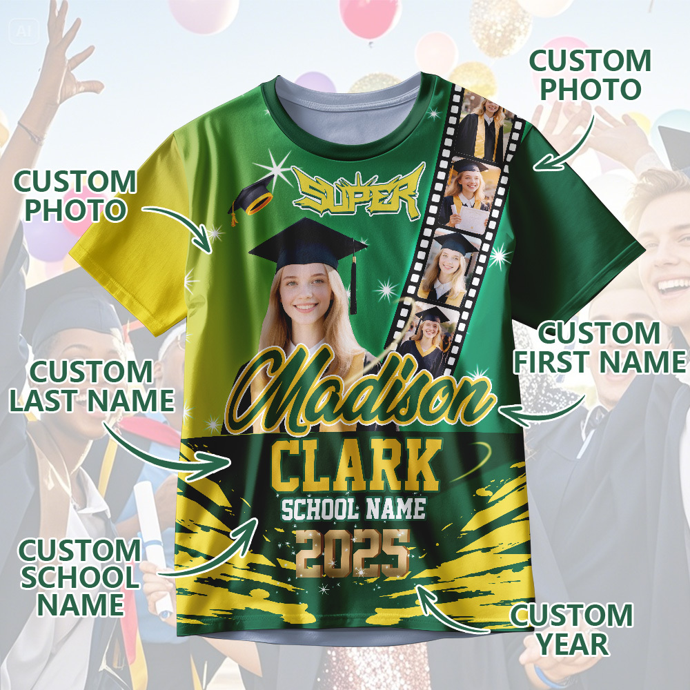 Custom Graduation T-Shirts Personalized All Over Print Shirt with Photo Graduation Party Gift