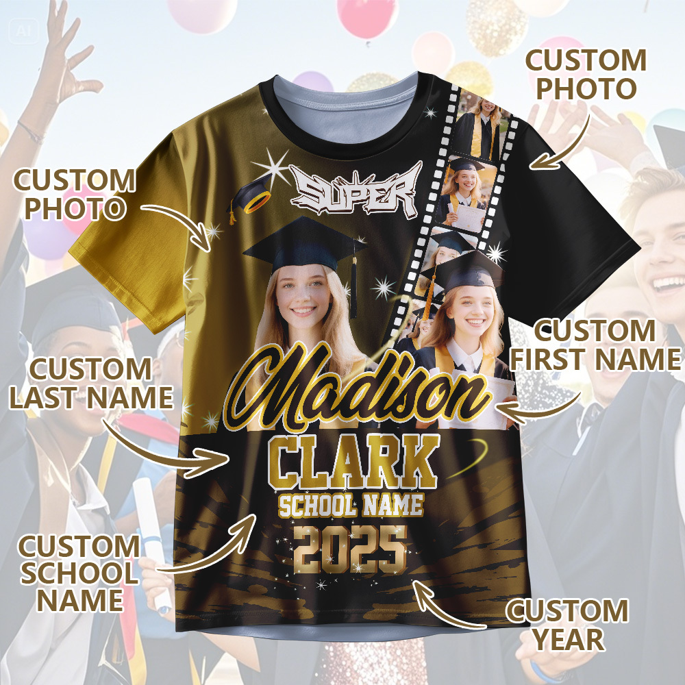 Custom Graduation T-Shirts Personalized All Over Print Shirt with Photo Graduation Party Gift