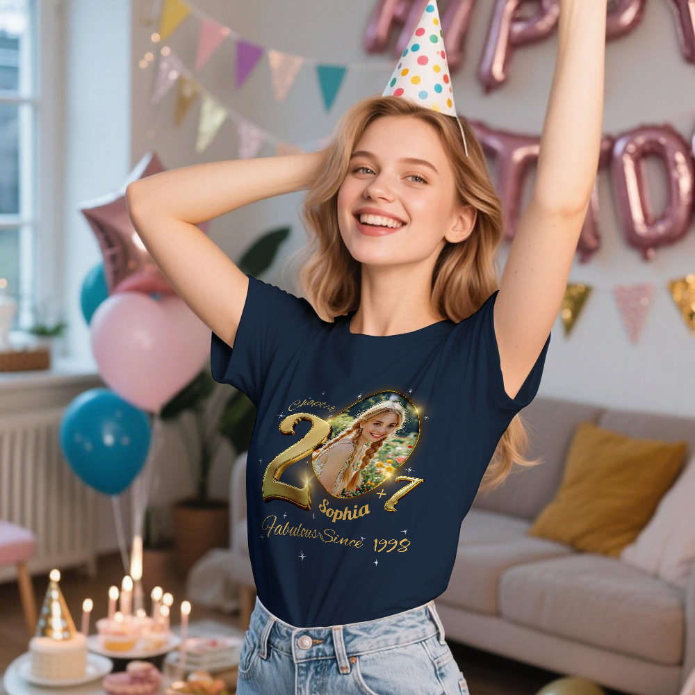 Custom Photo Vintage Tee Personalized Name Blue T-shirt Fabulous Since Year Ideas Birthday T Shirt - MyPhotoSocks