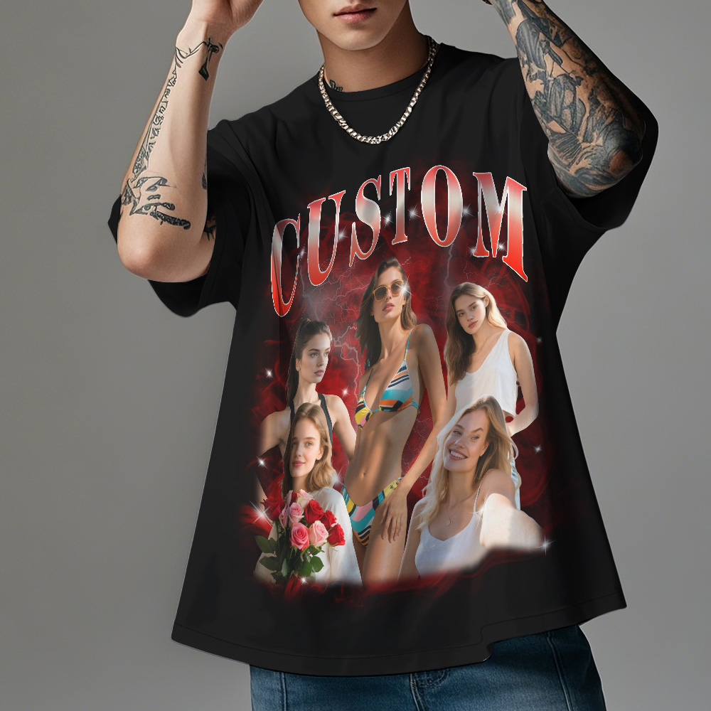 Custom Photo Vintage Tee Personalized Full Body Name T-shirt Gift For Lover
