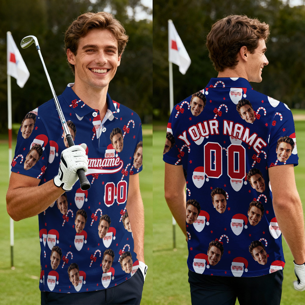 Custom Face and Text Blue Christmas Santa Claus Performance Golf Polo Shirt - MyPhotoSocks