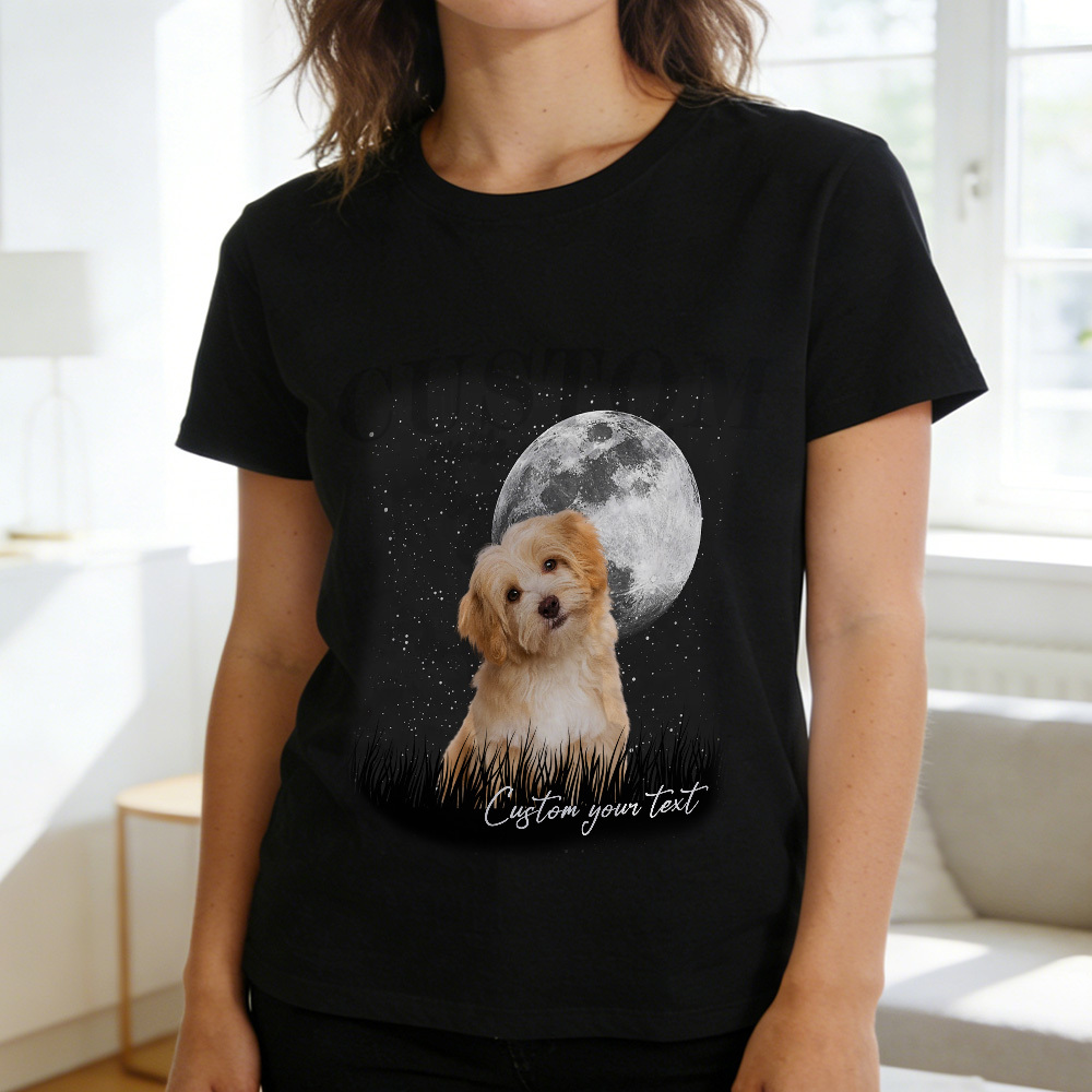 Custom Photo T-Shirt Personalized Full Moon Pet Shirt Custom Pet Portrait T-Shirt Gift for Pet Lovers - MyPhotoSocks